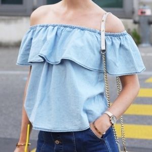 Zara Off The Shoulder Denim Ruffle Top 